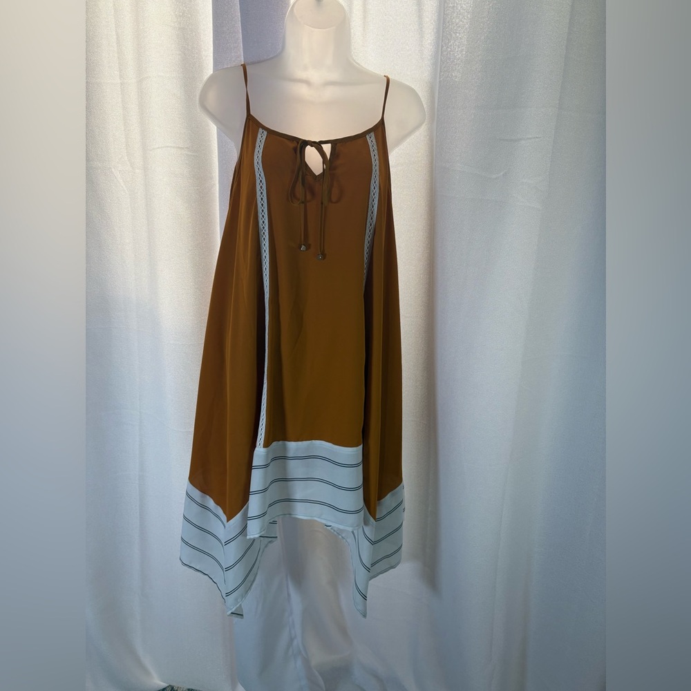 HYFVE Mustard Pinstripe Spaghetti Strap Dress Asymmetrical Size Large‎ EUC 497